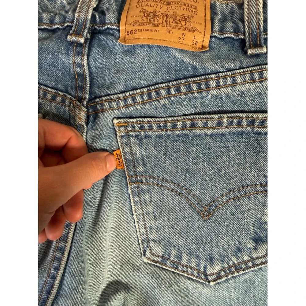 Vintage Levis 562 Student Orange Tab Loose Fit Cut Off Jean Shorts Blue 27 x 15